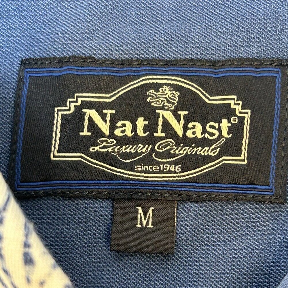 Nat Nast Shirt Mens Medium Silk Cotton Blend Blue Palm Leaf Button Up Camp Shirt - Picture 4 of 14